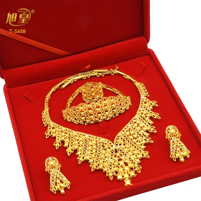 

XUHUANG Indian Crystal 24K Gold Plated Necklace Bracelet Jewelry Set Arabic Women Charm Anniversary Gifts With Plush Gift Box