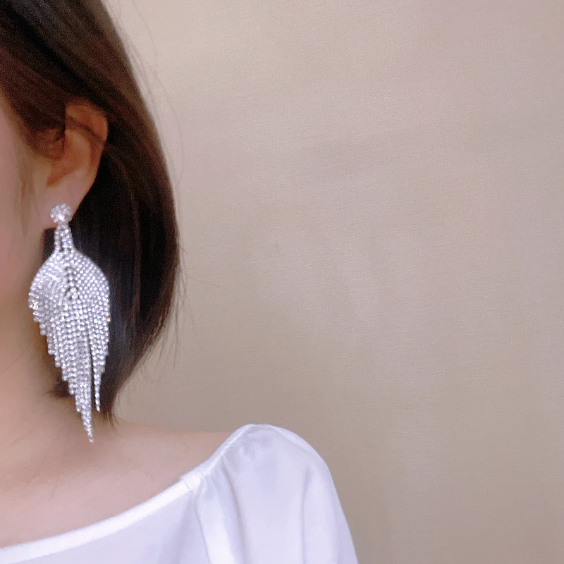 mecresh ステートメントスパークリングロングタッセルイヤリング レディース クラスタークリスタルリーフフリンジイヤリング 競技/結婚式/宴会用　並行輸入品