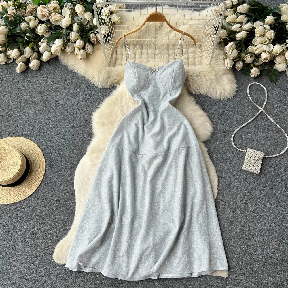 

Foamlina Summer Women Sexy Spaghetti Strap Dress Elegant Bright Silk Shinning Midi Party Dress Slim Fit Sleeveless A-line Dress