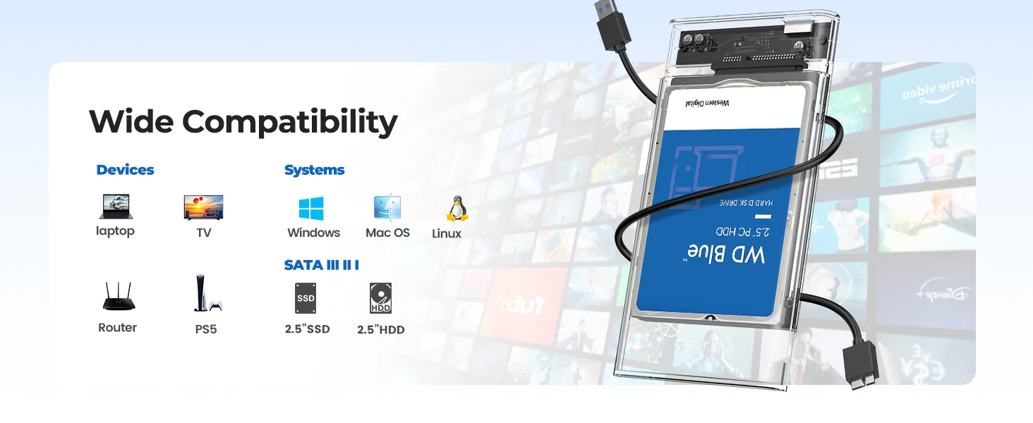 ORICO 2,5'' externes Festplattengehäuse USB 3.0 zu SATA III Werkzeugloses, transparentes Festplattengehäuse für 2,5 Zoll 7 mm 9,5 mm SATA HDD SSD – Detail 8