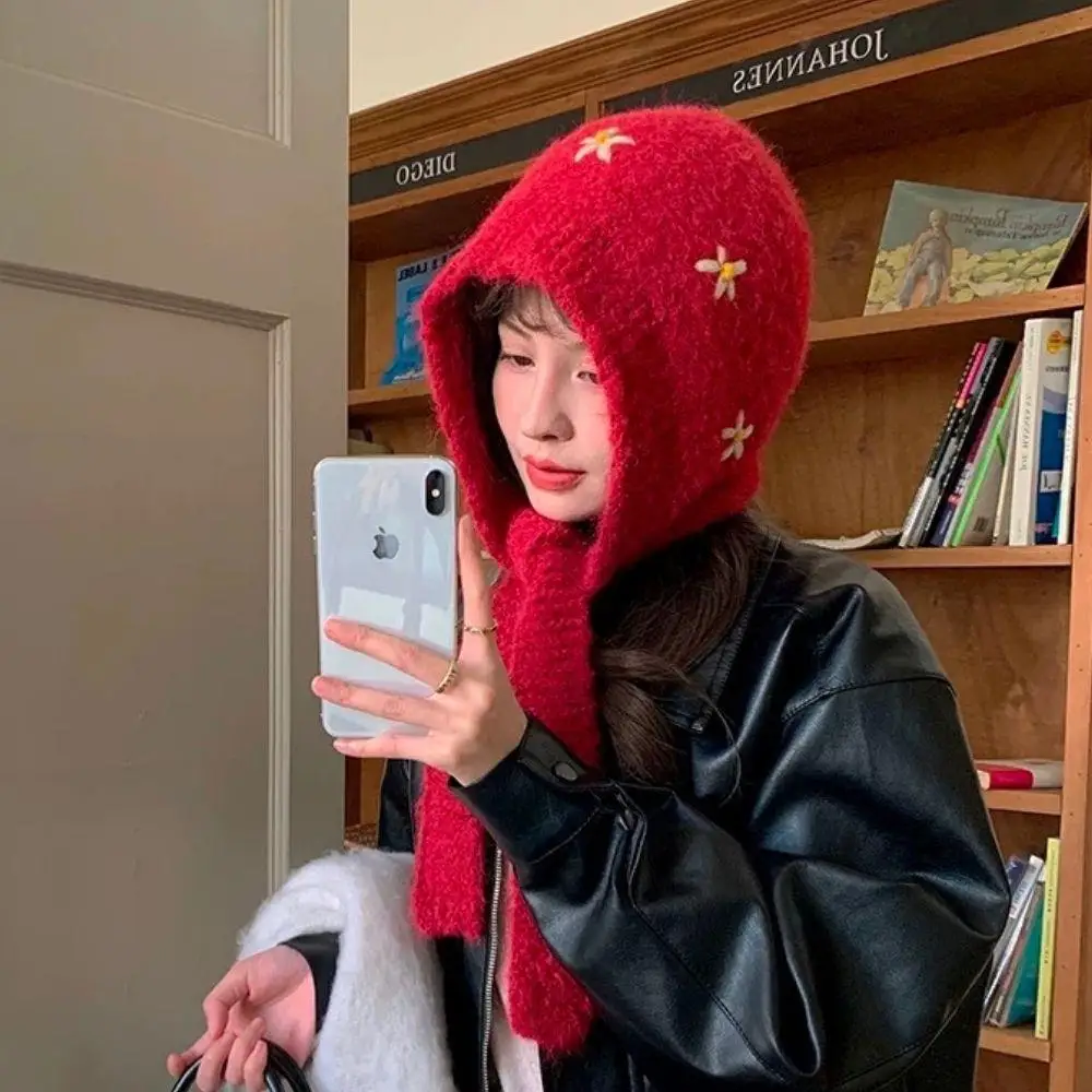 Korean Style Knitted Balaclava Hat With Embroidered Flowers Winter Warm Woolen Neck Collar Beanies Cap Coldproof Pullover Cap