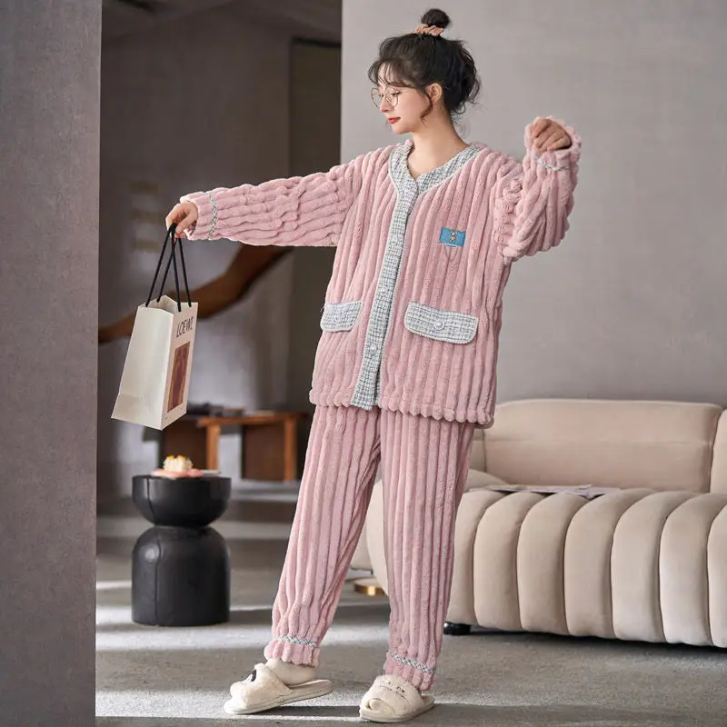2024 New Fashion Girls Autumn Winter Sleepwear Little Fragrant Pajamas Women's Plush Thick Loungewear Famale Coral Homewear Set