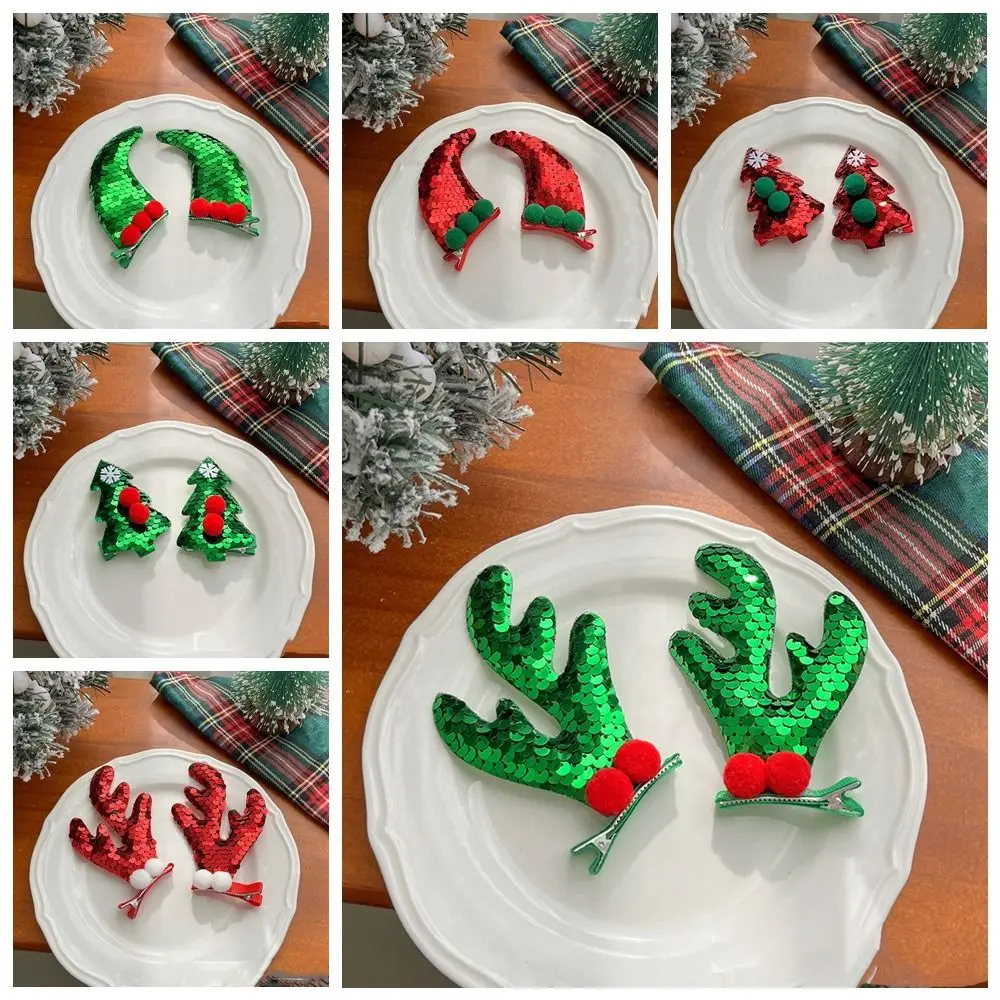 Merry Christmas Decor Christmas Hairpin Sequin Deer Horn Children Antler Hair Clip Christmas Tree Plush Duckbill Clip Children's