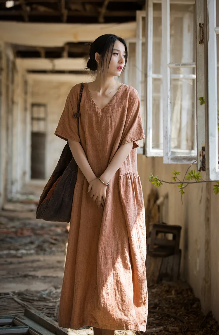 Cotton Linen Maxi Midi Dress Women Tie Dye Oversize Dresses 3