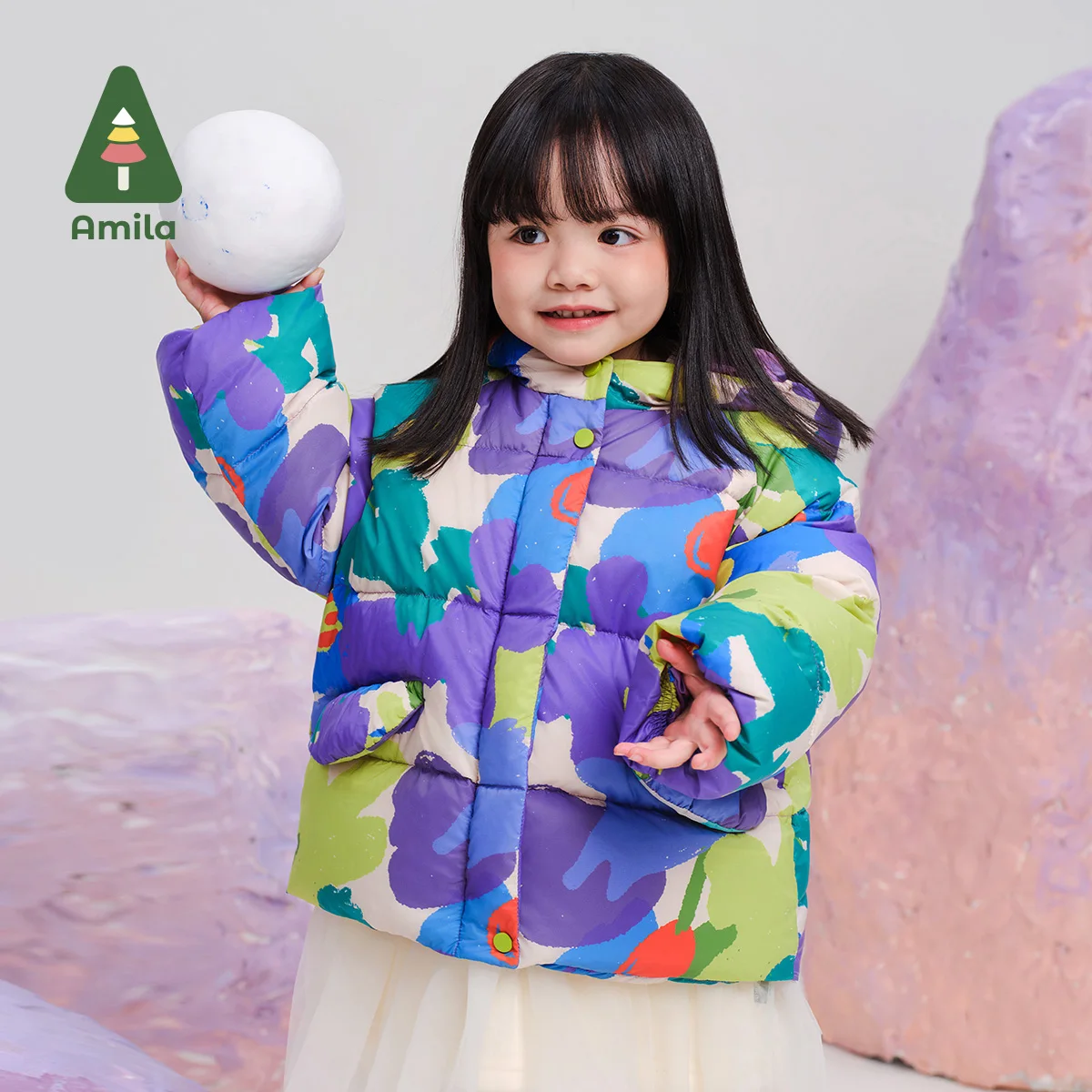 Amila Baby Down Jacket Winter New High Quality Girls Hooded Graffiti White Duck Down Warm Loose Casual Children&lsquo;s Jacket