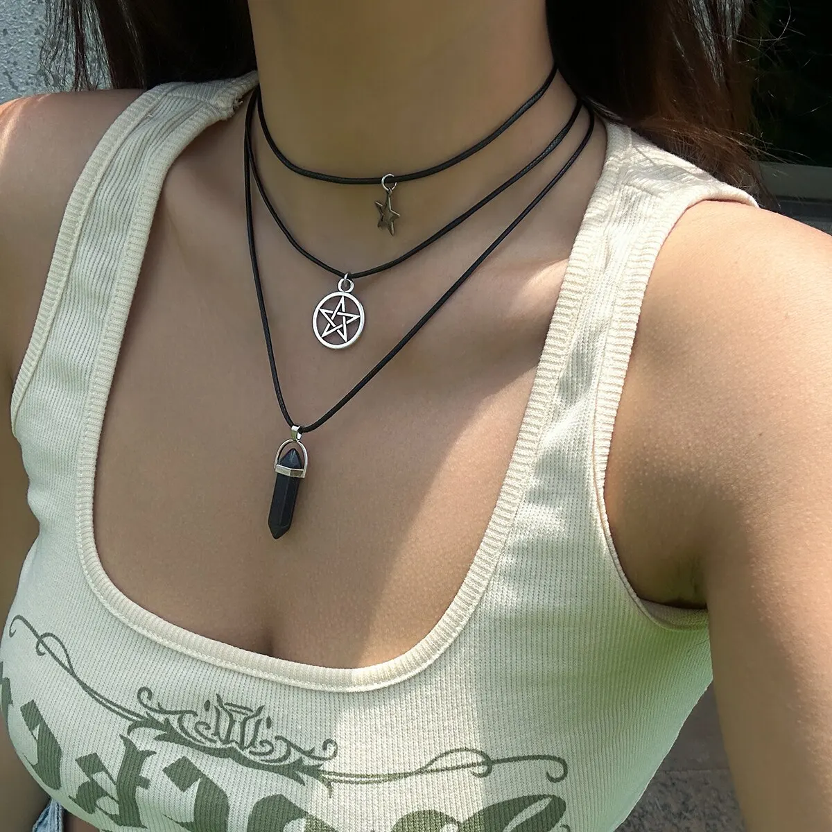 Collana con catena in filo di cera in pelle con cristallo a stella pentagonale, 3 pezzi/set, gotico boho, per donne, più strati, regali di gioielli di Halloween_voghion.com