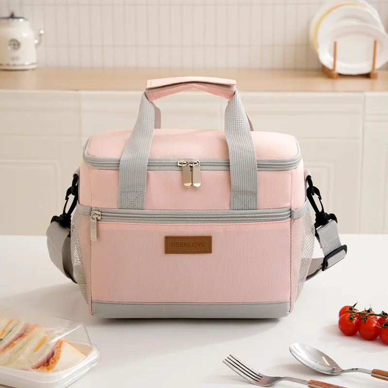 Spacious Dual-Compartment Insulated Lunch Tote with Portable Handle and Shoulder Strap