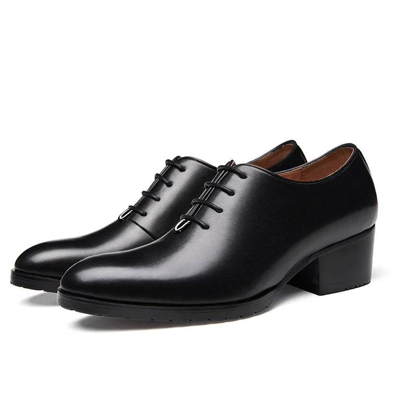 

Genuine Leather Men's Shoes Breathable Lace-Up Korean Men Pointed Toe Formal Wedding Shoe Heightening Black Casual Leather Shoes
