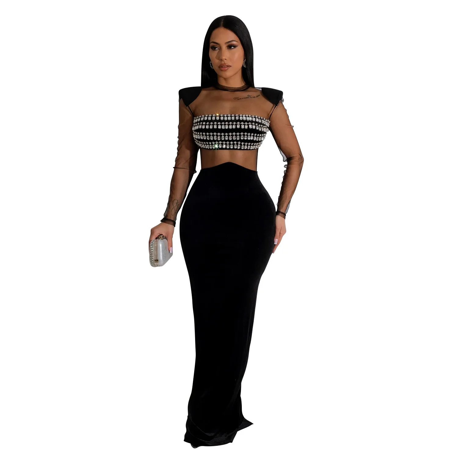 

Fashion women's solid color mesh diamond long sleeve dress vestidos de mujer
