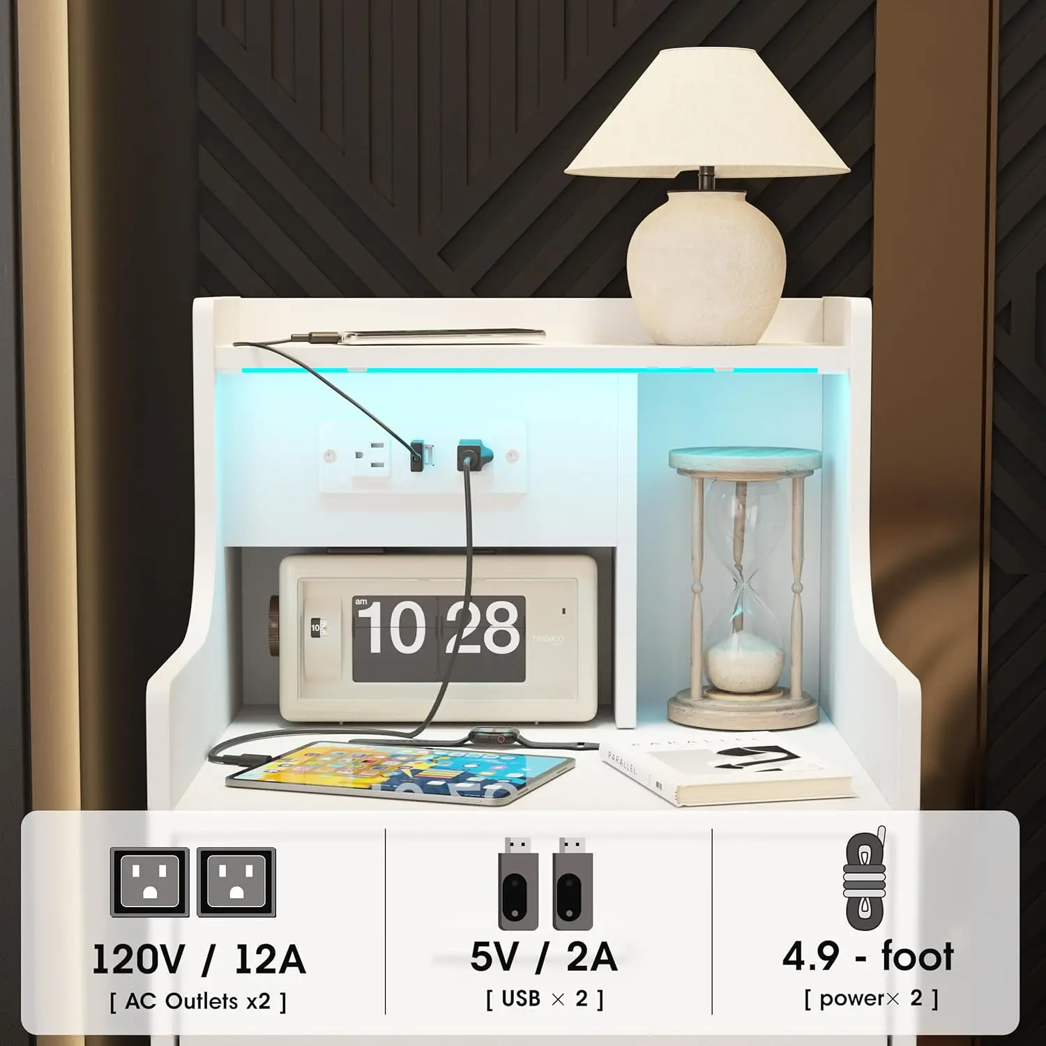 Nightstand with Charging Station & LED Lights, White Nightstand with 2 Drawers and Open Storage, Bed Side Table Night St