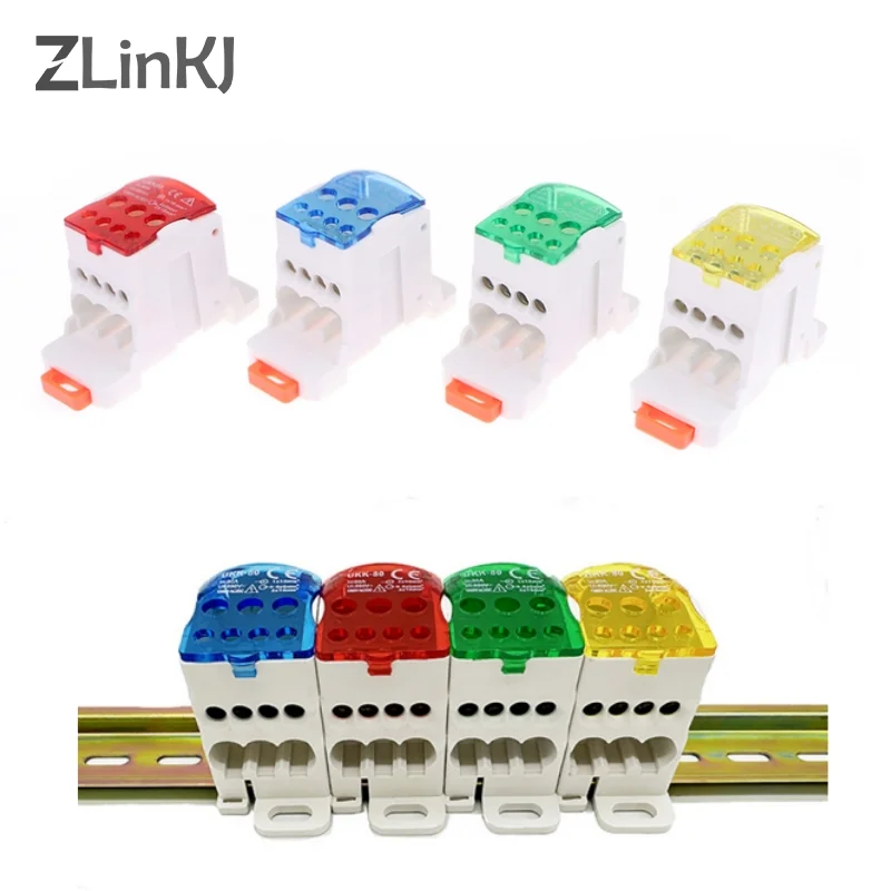 

1Pc Din Rail UKK80A Terminal Block 1 in Many Out Distribution Box Universal Electric Wire Connector Red Yellow Blue Green