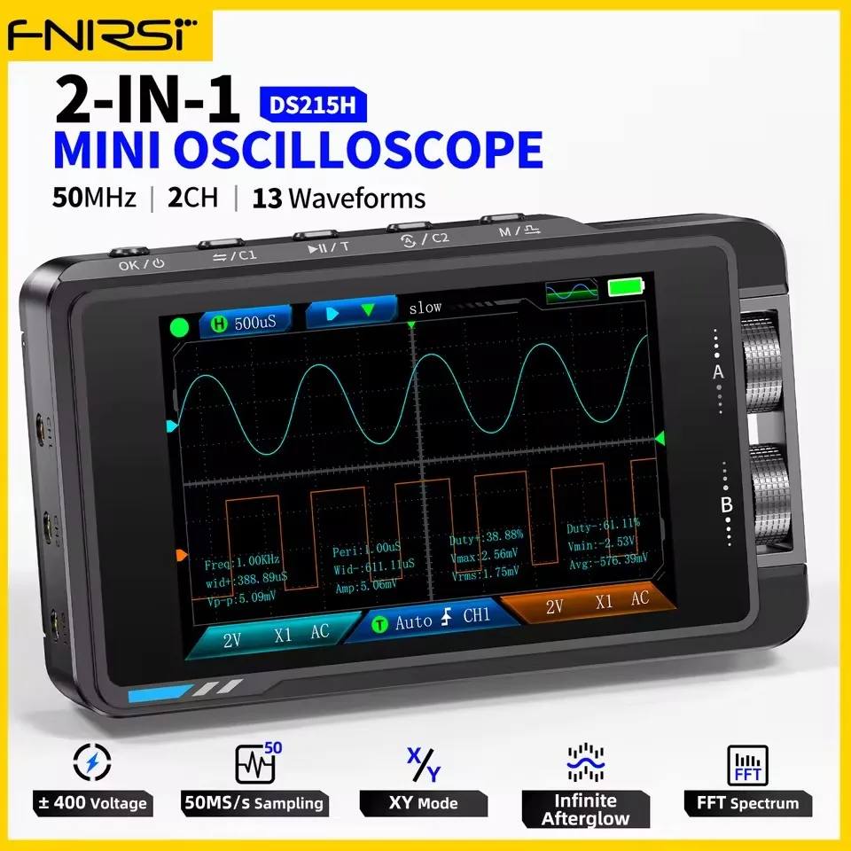Digital Oscilloscope Signal Generator FNIRSI DS215H Handheld Small Hd Screen Digital Oscilloscope + Signal Generator 2IN1 Dual Channel 50MHZ Automatic