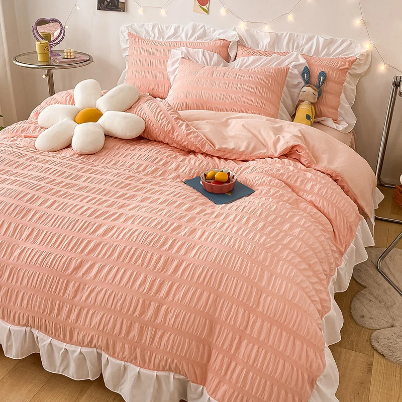 4 Pieces Princess Style White Seersucker Bedding Set Lace Bedspread