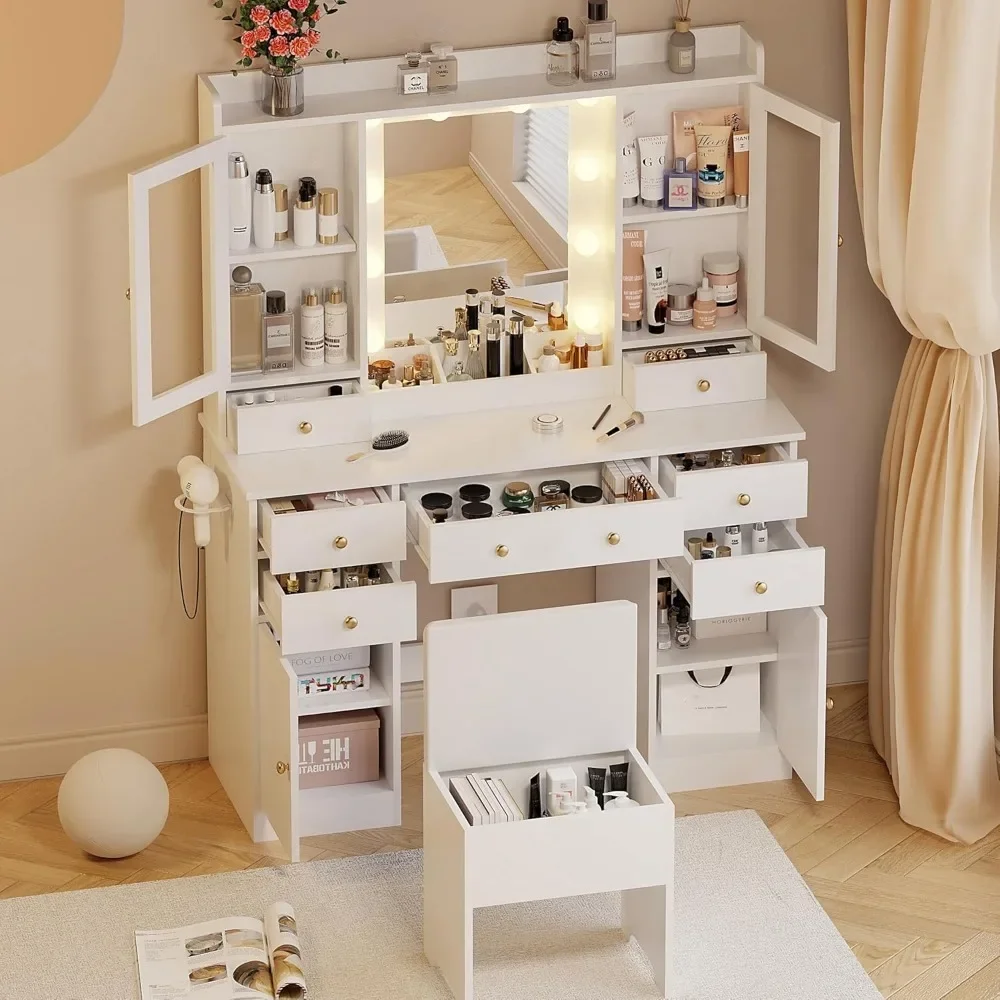 Cabinets Makeup Vanity Table Vanity Desk with Mirror and Lights, White Vanity Mirror with Lights Desk and Chair &7 Drawers 4