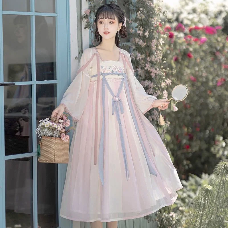 Chinese Han Element Improvement Hanfu Ancient Style Sweet Daily Dress Summer Pink Kawaii Dresses Fairy Lolita
