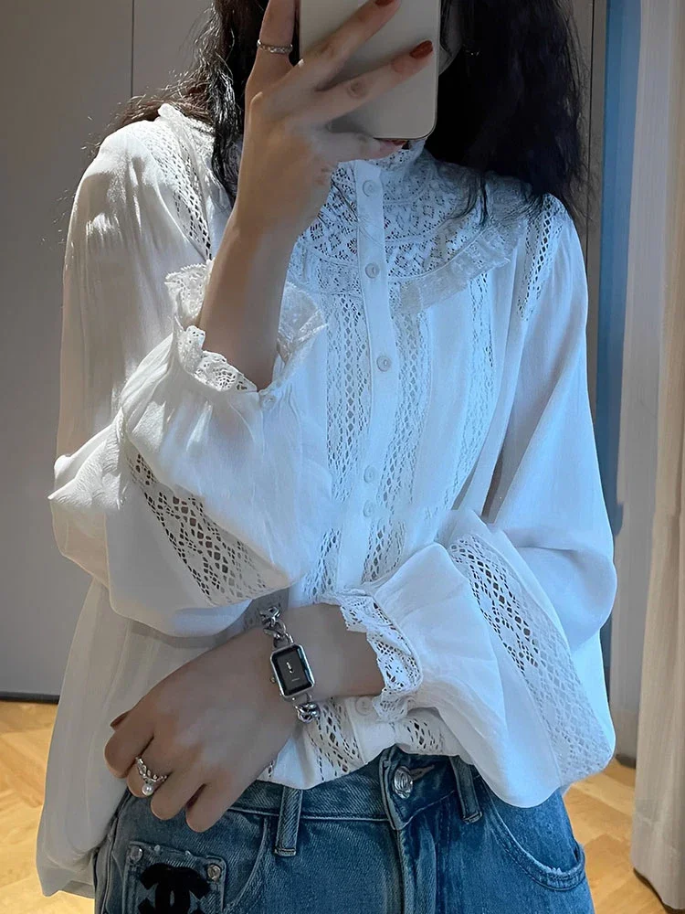 GypsyLady Boho Elegant Chic Blouse Shirt Cotton Patchwork Hollow Out Women Blouse Long Lantern Sleeve Ladies Casual Top Shirts