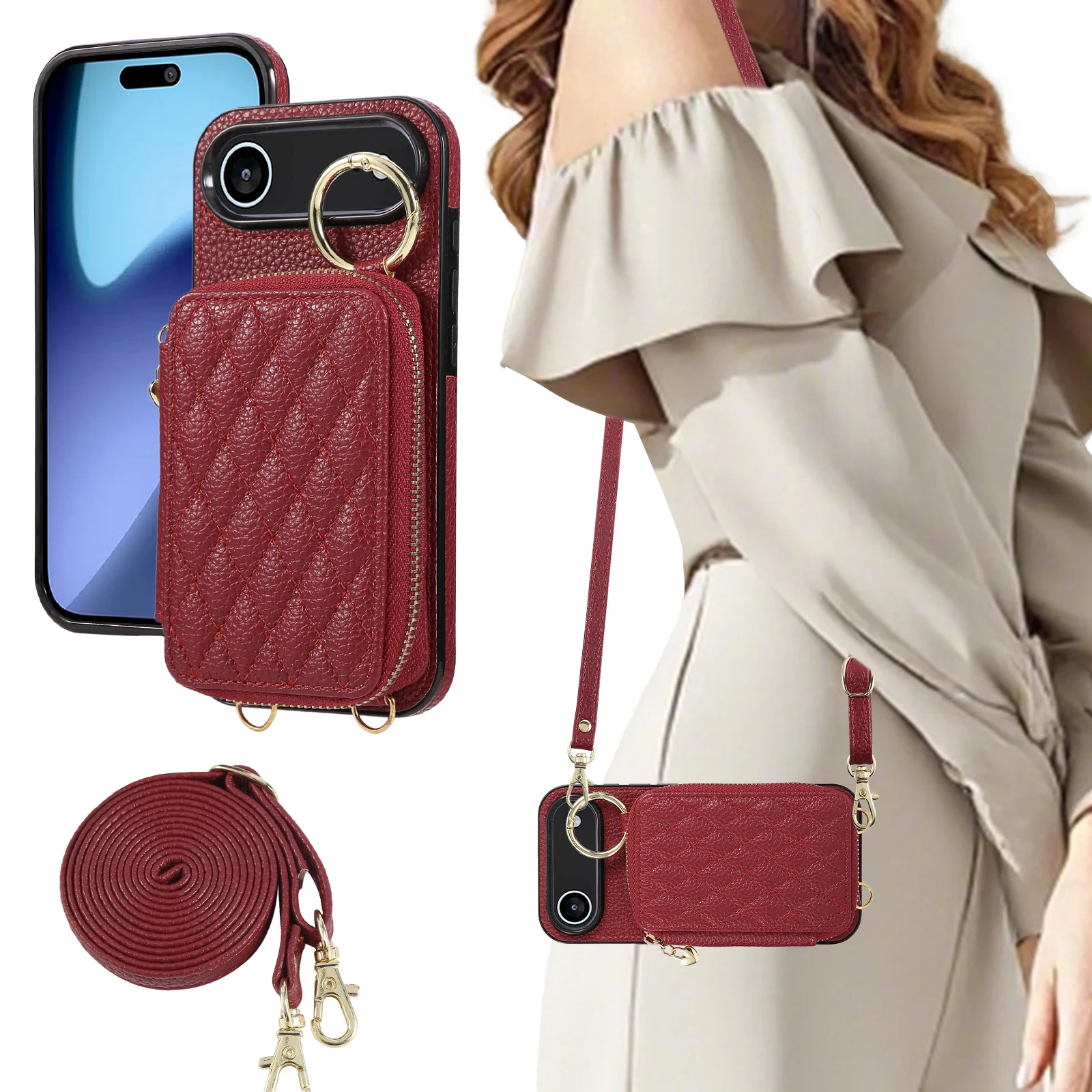 Leather Crossbody Zipper Card Wallet with Lanyard and Ring Holder