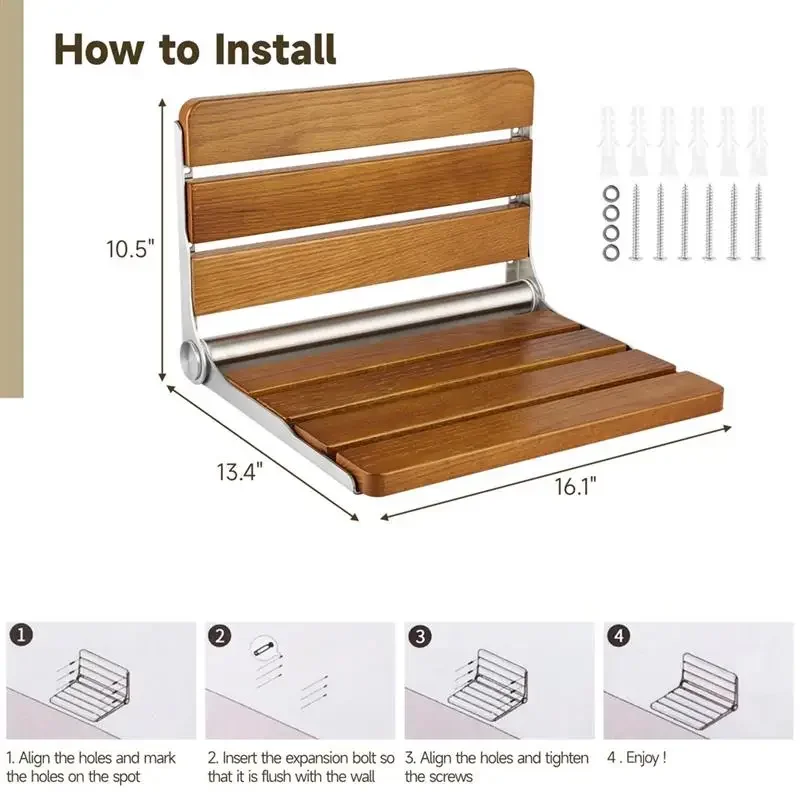 Folding Shower Seat Waterproof Wood Shower Bench Wall Mounted Fold Down Wood Stool Home Care Chair Bench For Pregnants