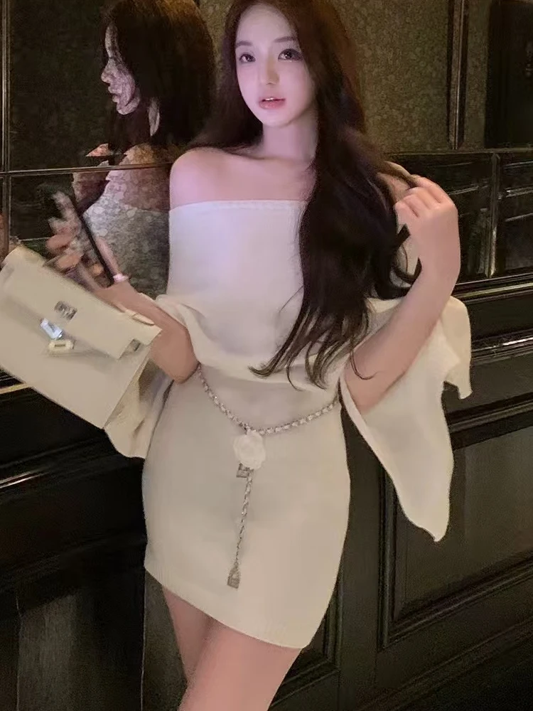 2025 New Autumn Women's Clothing One-word Shoulder Long-sleeved Loose Dress Elegant Knitwear Sexy Casual Short Skirt