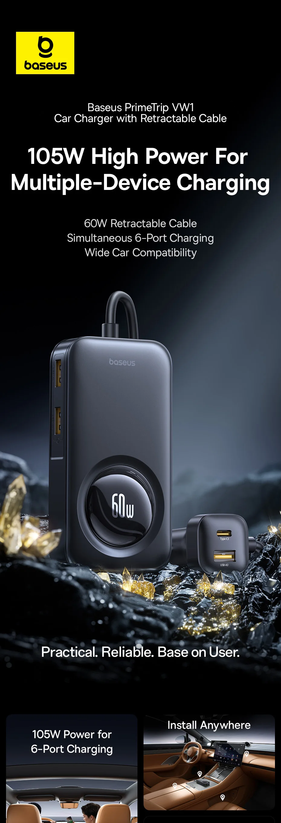 60W Car Charger Retractable Fast Charging Rear Seat 6 Ports Extension Cigarette
