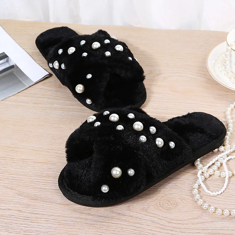 2025 New Autumn Winter Woolen Slippers for Women Flat-bottomed Home Slippers Pearl Decoration Crossed Woolen Slippers for Women