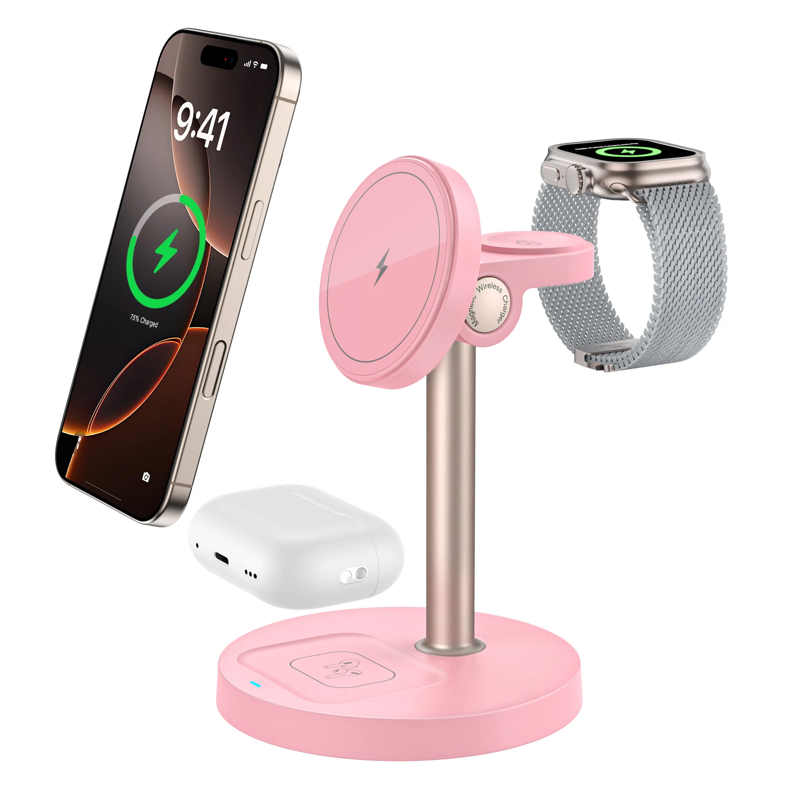 15W Fast Wireless Charging Stand with Adjustable Angle – 3-in-1 Magnetic Charger for Smartphones, Smartwatches, and Earbuds