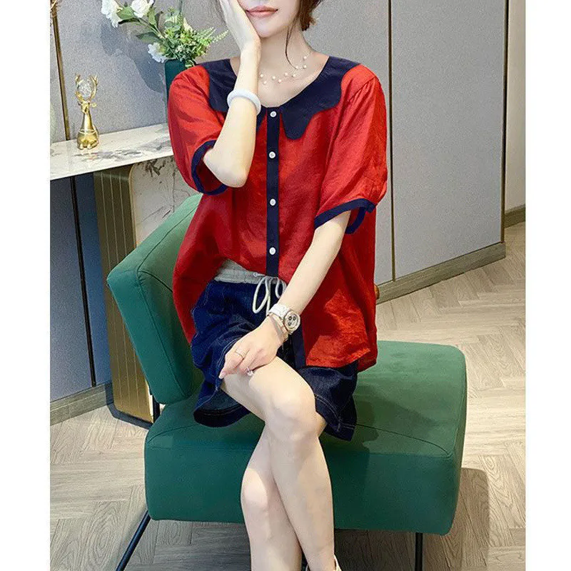 2023 Summer Korean Style Casual Short Sleeve Loose Shirts for Women Printed Patchwork Street All Match Blouse Top Female Blusas