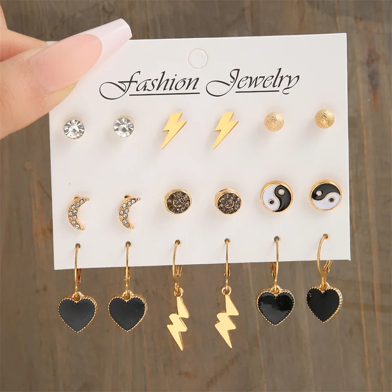 Fashion Black Heart Butterfly Earring Set For Women Y2K Checkerboard Resin Multi-layered Yinyang Heart Dangle Metal Jewelry