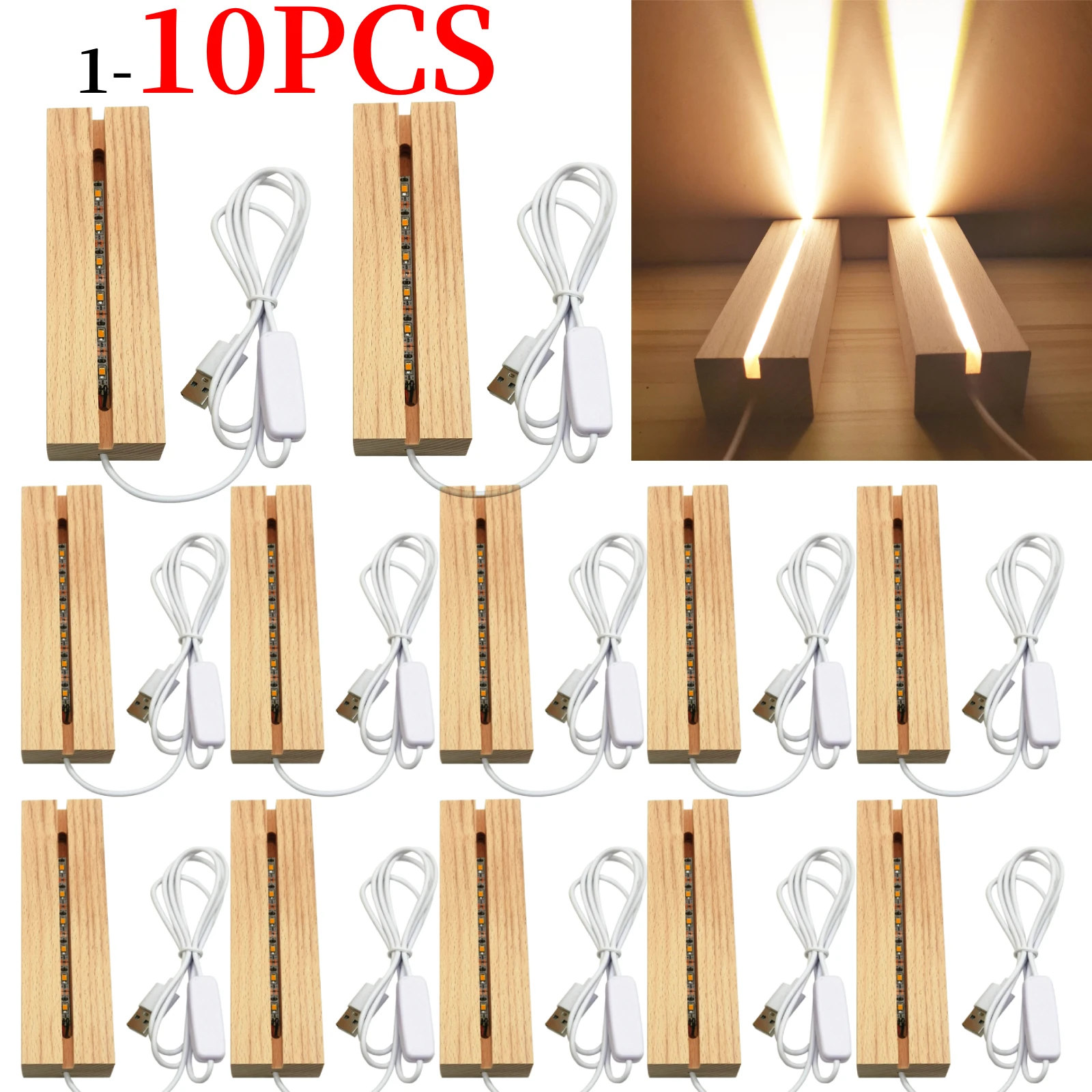 1-10PCS LED Wood Light Display Crystal Wooden Lighted Base Stand ...