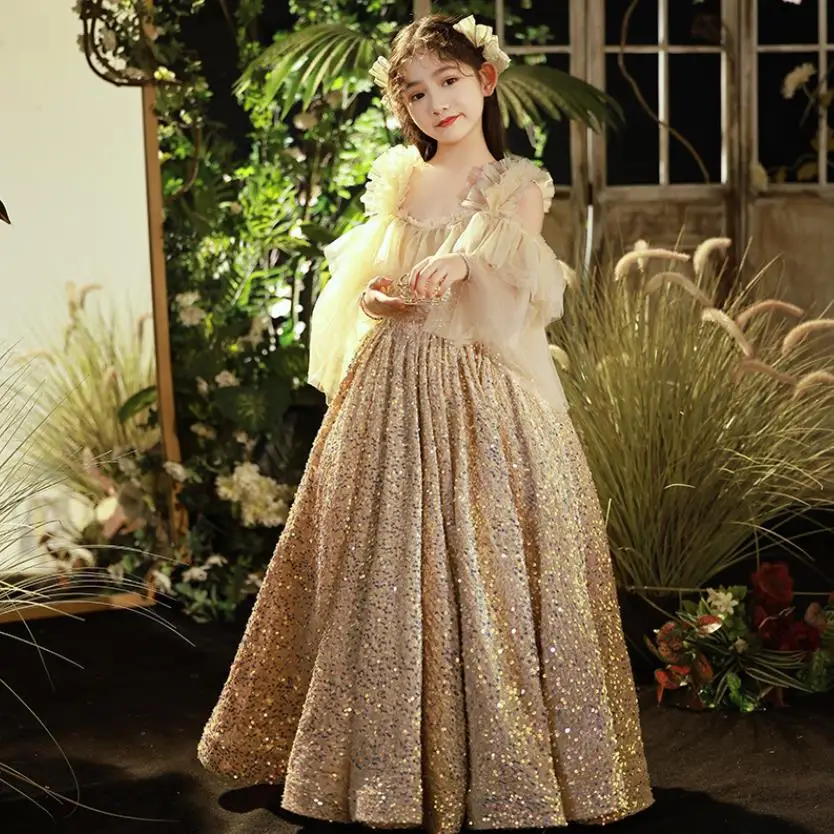 

High-End Children's Catwalk Sequins Evening Gown Kids Wedding Birthday Host Performance Party Girls' Sequins Dress A2901