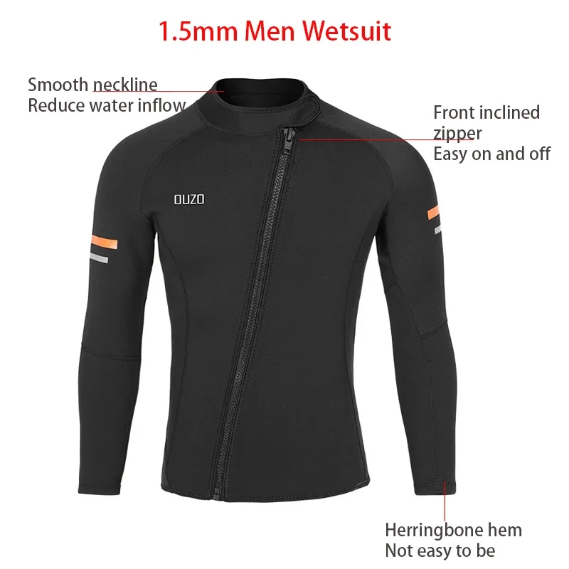 1.5mm Front Zipper Wetsuit Jacket with Slanted Zipper for Surfing, Snorkeling, Diving, and Winter Swimming - Stay Warm