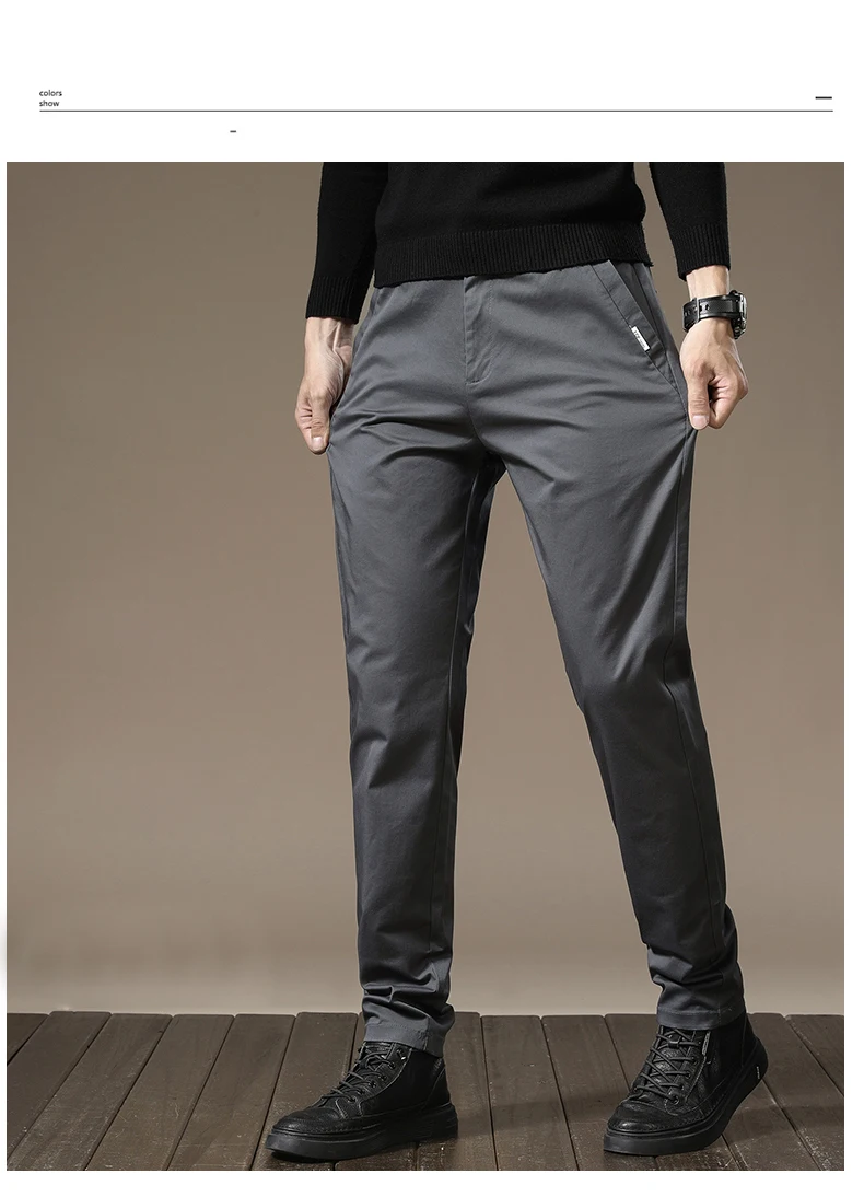 Description Picture 5 of itemCombed Cotton Men Casual Pants 2024 New Solid Color Business Fashion Straight Slim Elasticity Khaki Gray Brand Trousers Male