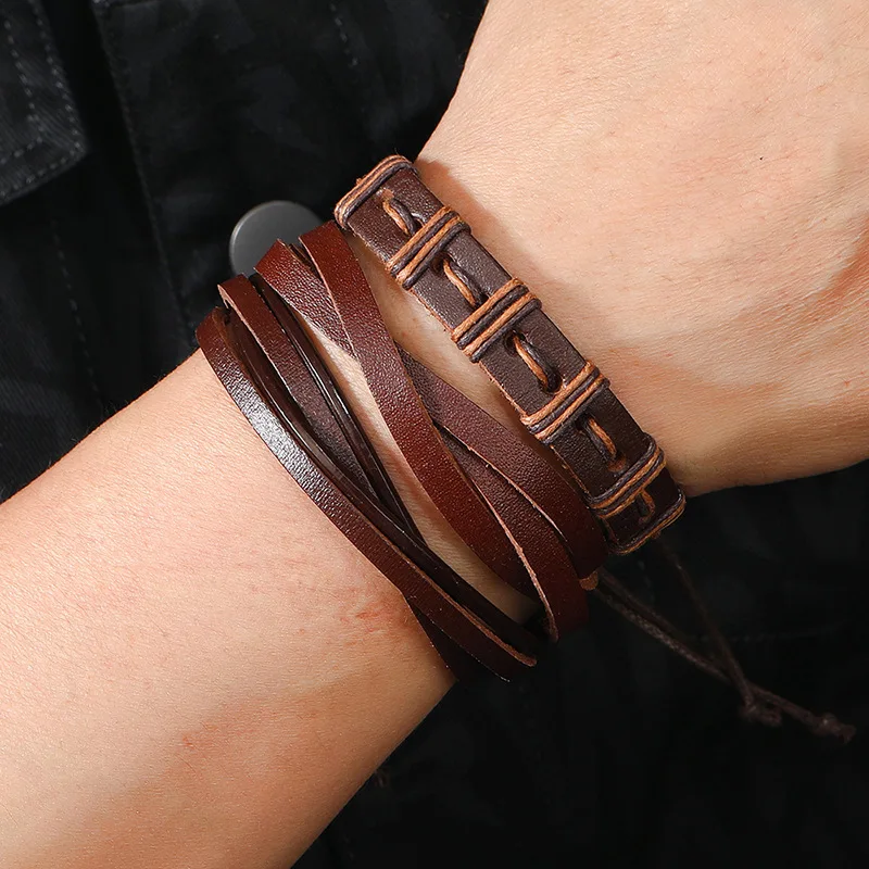 

New Mix 6pcs Bracelets Set Men's Braided Leather Bracelet Brown Pu Handmade Wrap Wristband Lace Up Bangles