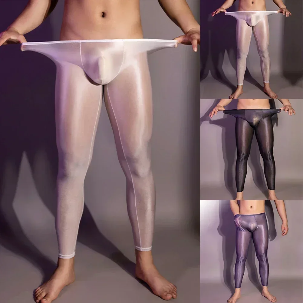 Mens Ultra Thin Oil Shiny Pantyhose Leggings See Through Underwear Long Pants Transparent Skinny Trousers Erotic Underwear
