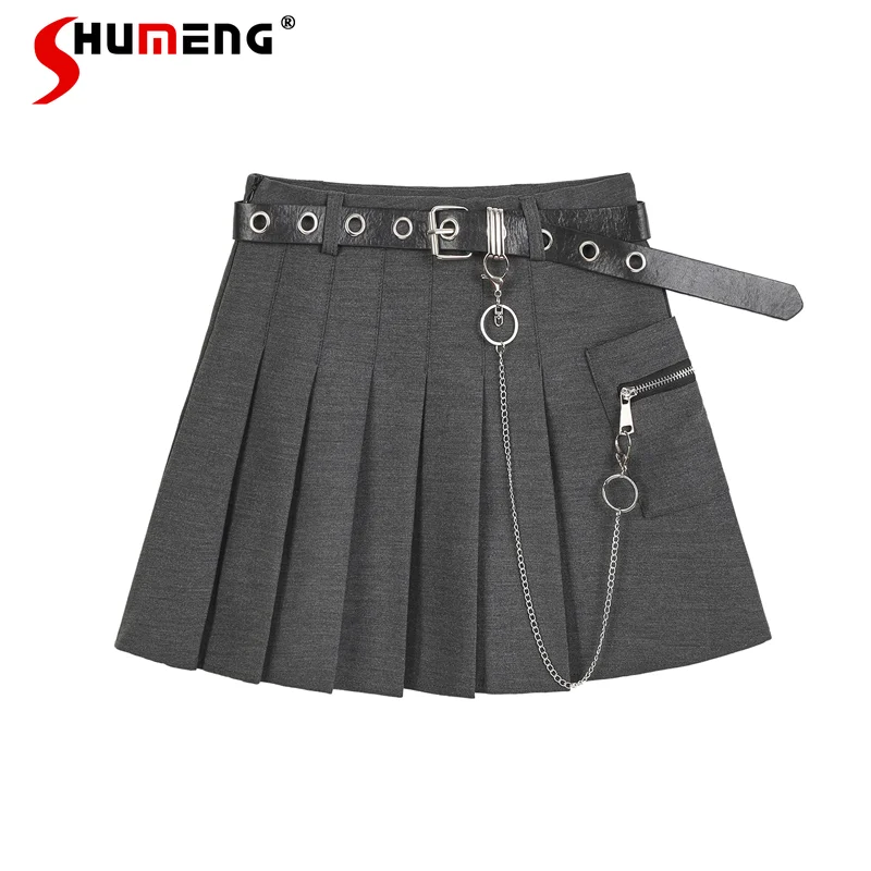 

Preppy Style Pleated Skirt for Women Spring Summer New Japanese Style Lady Casual Skirt Chain Slimming High Waist A- Line Skirt