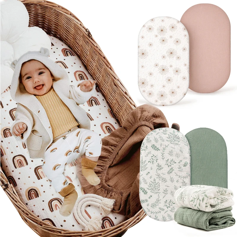 Muslin Bassinet Sheets for Baby Girl Boy Soft Breathable Bassinet Sheets Fitted Fit for Hourglass Oval Cradle Moses Basket