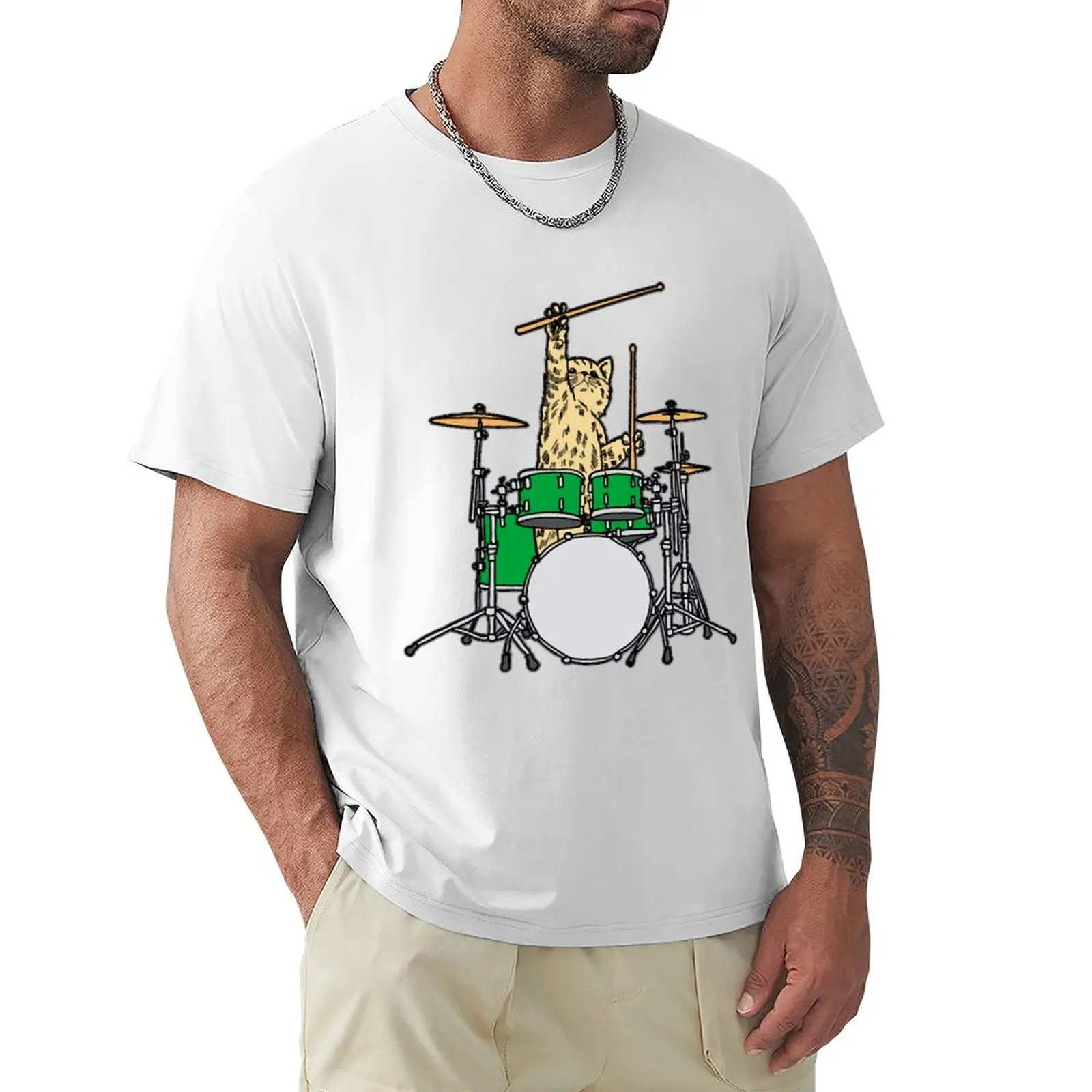 

Cat drummer T-shirt summer tops heavyweights mens vintage t shirts
