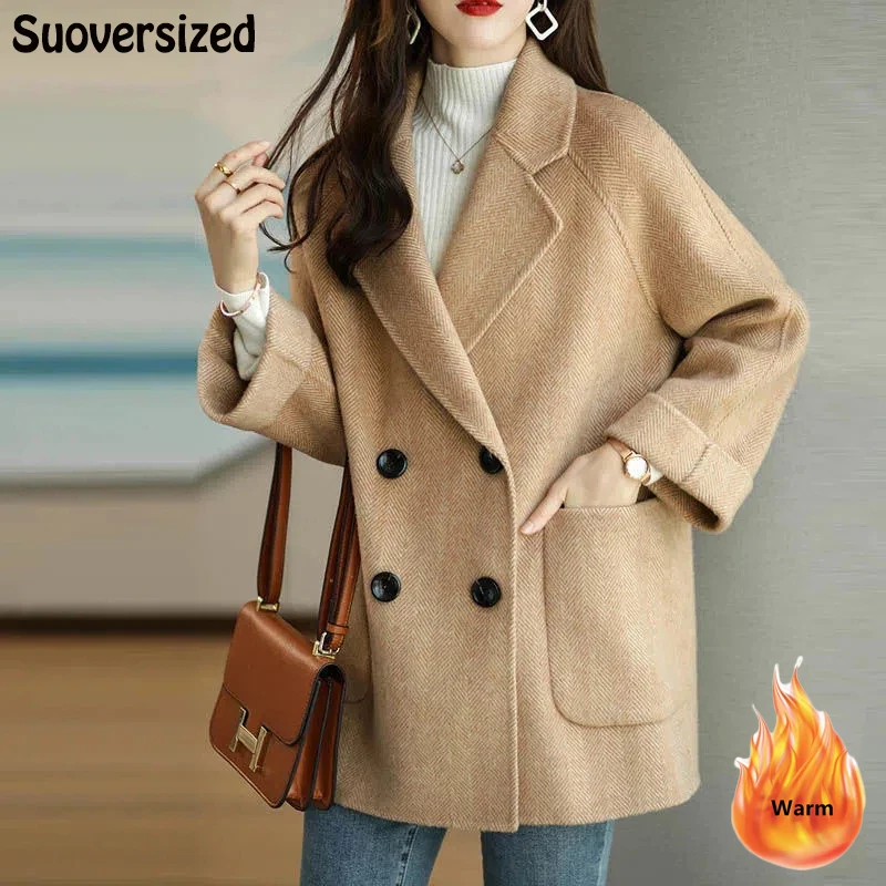 

Fashion Short Blend Woolen Coat Women Loose Turndown Collar Warm Thicken Coats 2022 Winter Elegant 4XL Oversize Brown Outwear