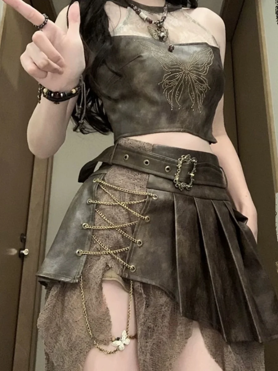 Women High Street Punk Set Camisole Skirt Set Summer High End Style Sleeveless Top Irregular Chain Spliced Pleated Skirt Set