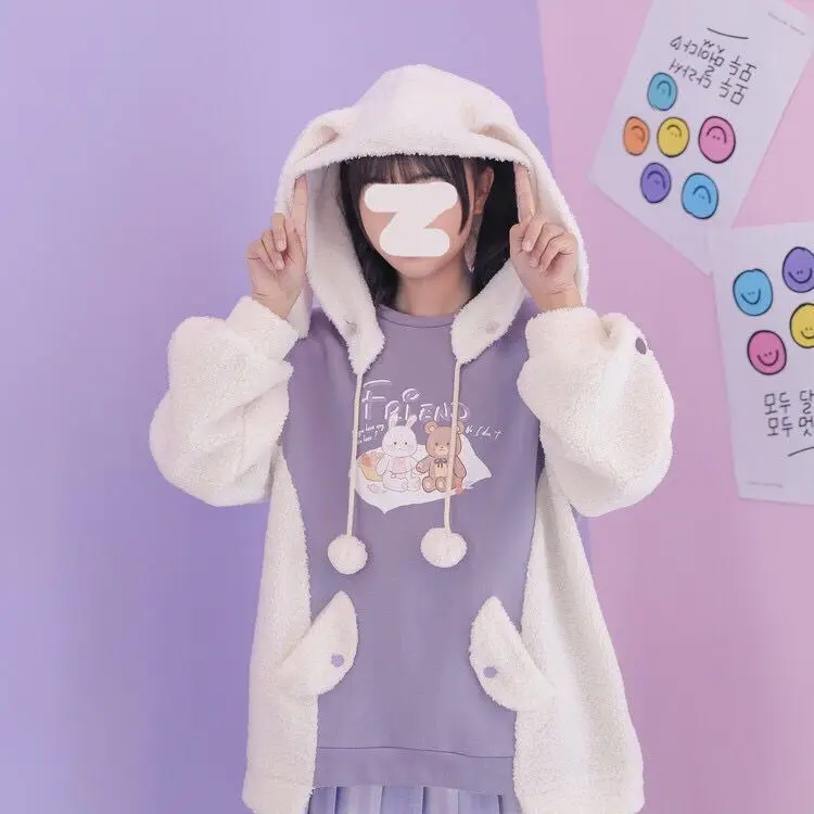 Harajuku Bear Anime Pullover Women Korean Kawaii Cotton Fleece Hoodie Coat Long Sleeve Oversized  Kpop Y2K Girls Winter Clothes