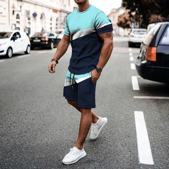 2022 New Summer Men's Suit Casual Beach Shorts Suit Sea View 3D Printing Short Suit Ordinary O-neck T-shirt 2-piece Set Oversize TS1290