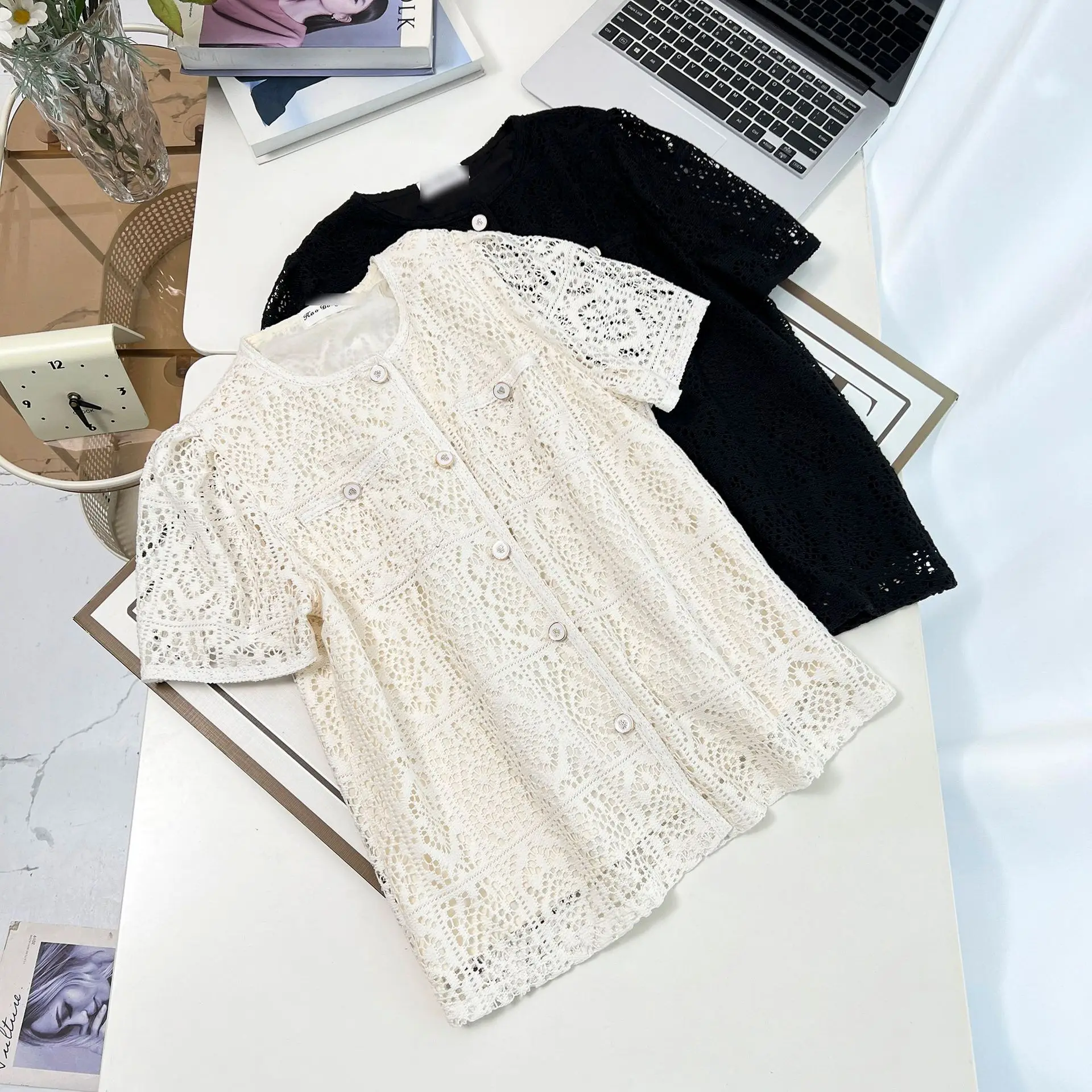 2025 Plus Size Blouses Summer New Chic Double Lace Hollow Out Short Sleeved Shirt 100kg Women Top 3062