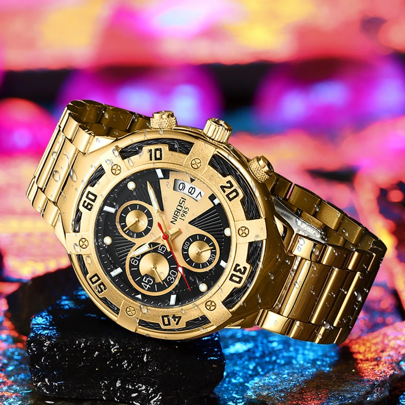 NIBOSI Big Dial Sport Watch for Men Stainless Steel Waterproof Fashion Luminous Chronograph Quartz Wristwatch Relogio Masculino