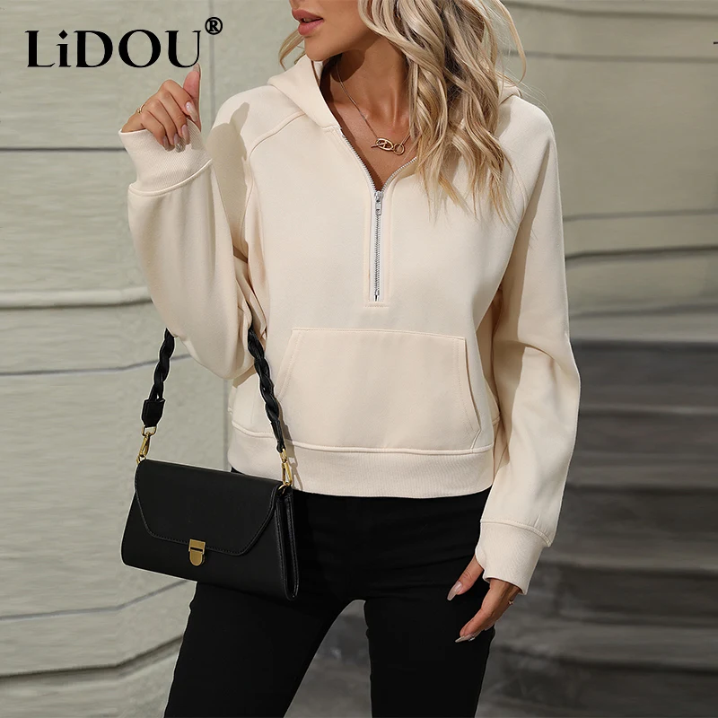Autumn Winter New Solid Color Add Velvet Casual Fashion Hoodies Ladies Chic Pocket Zipper Hooded Pullover Top Women's Sweatshirt