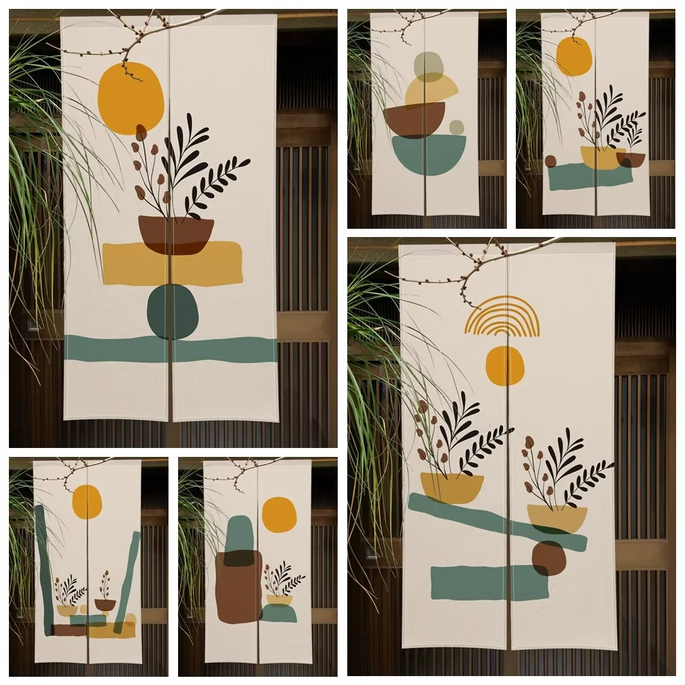 Geometric Plant Pattern Japanese Door Curtain Minimalist Noren Style Boho Bedroom Kitchen Partition Doorway Curtain Half-Curtain 2