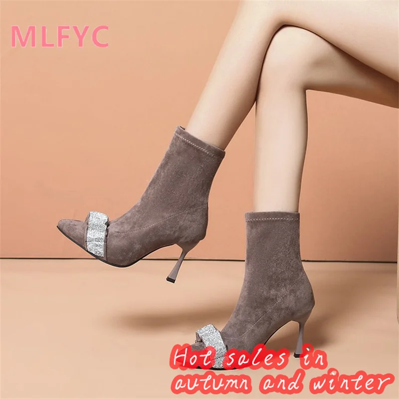 2023 New Rhinestone Pointed High Heel Short Boots Women's Autumn and Winter Single Boots Slim Boots French Women's Boots