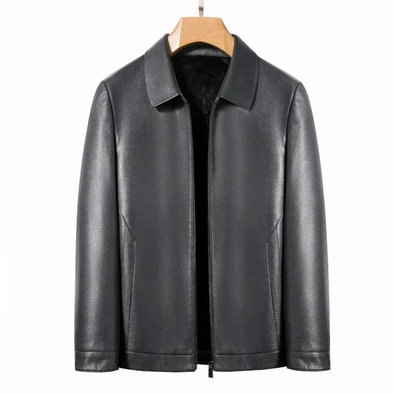 thumbnail image 1 of Chaqueta de cuero genuino para hombre, con cuello alto, de lujo, para otoño e invierno, además de abrigo sencillo y cálido de terciopelo, 1 of 5