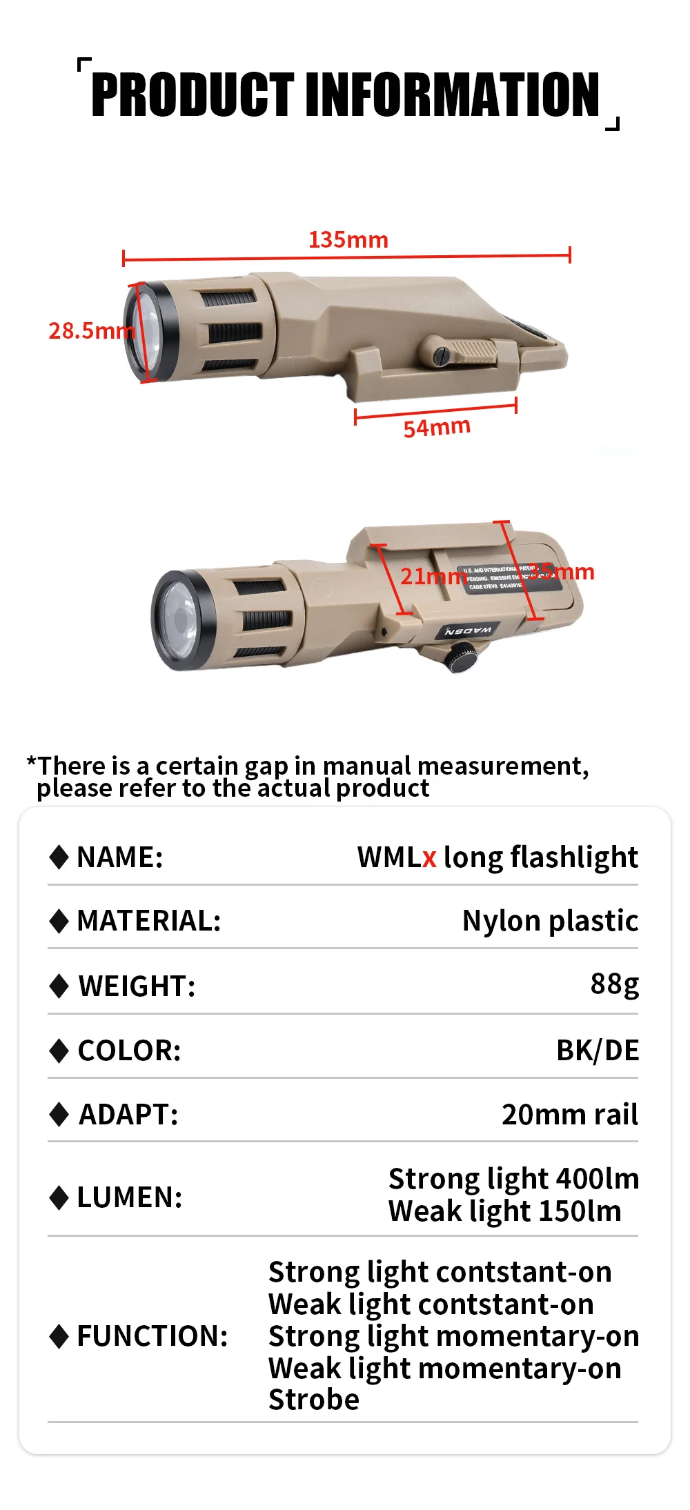Description Picture 3 of itemWADSN WML X Gen 2 Tactical Airsoft Outdoor Hunting Helmet Lights LED 400Lumens Scout Flashlight White Light Strobe Fit 20MM Rail