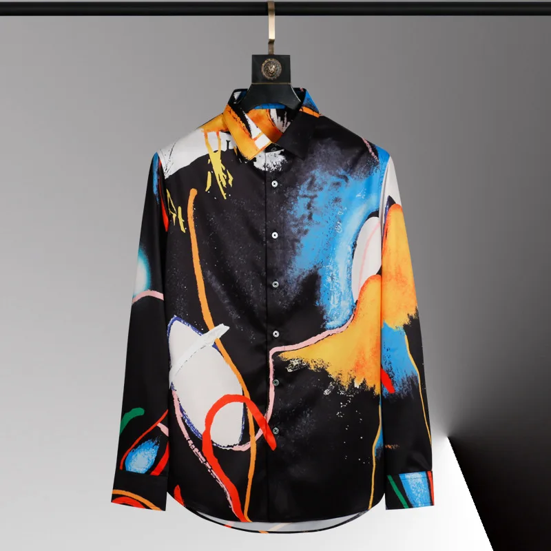 new-men's-long-sleeved-shirt-fashion-positioning-graffiti-print-non-iron-shirt-one-piece-shipping-large-shirt