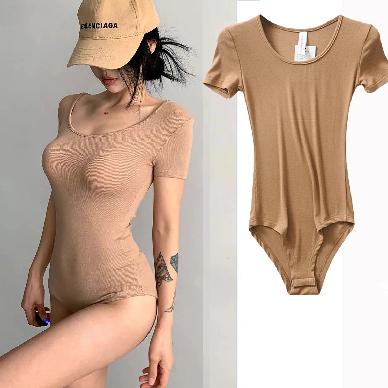 Women Casual Sexy Slim Beach Vacation Jumpsuit Bodycone Short Sleeve Round Neck Bodysuit Seamless Clubwear Basic Shirt & Blouses